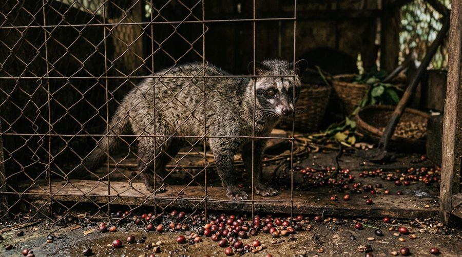 Musang luwak berdiri di balik jeruji kandang kecil dengan buah ceri kopi berserakan di lantai, suasana dokumenter yang redup