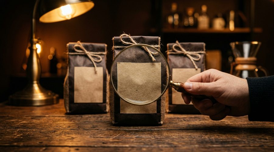 Kemasan kopi dengan label diperiksa memakai kaca pembesar di atas meja kayu di bawah cahaya lampu hangat