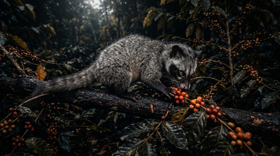 Musang luwak berbulu abu-abu memakan buah ceri kopi merah di dahan pohon pada malam hari yang gelap dengan cahaya bulan lembut