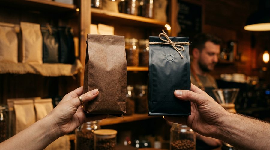 Dua tangan memegang dua kemasan kopi berbeda di depan etalase toko sambil membandingkan isinya dengan cermat