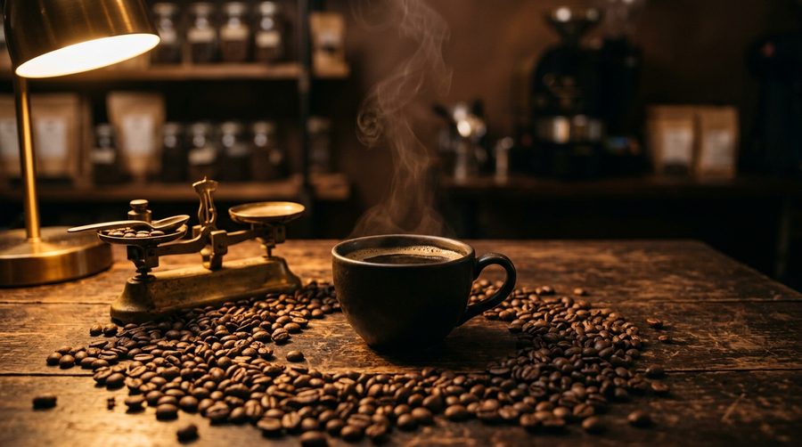 Cangkir kopi hitam kecil dengan uap di atas meja kayu gelap dikelilingi biji kopi sangrai dan timbangan kecil